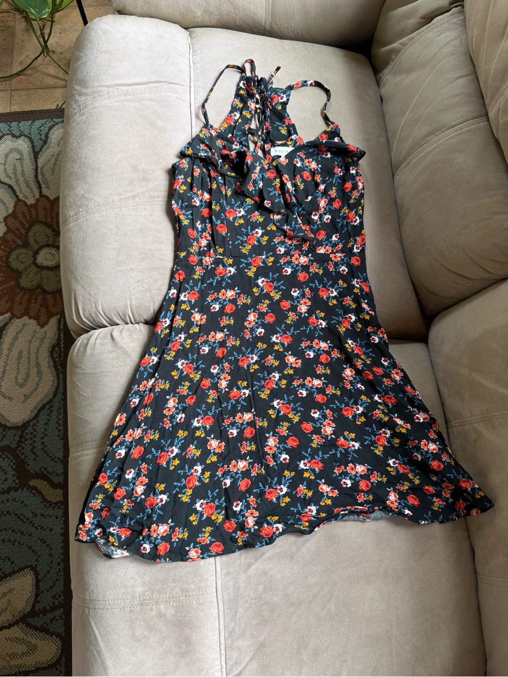 Socialite Black Floral Ruffle Mini Dress with Lace up Back
